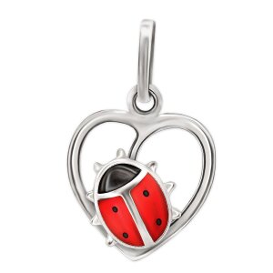 Anhänger Marienkäfer im Herz 10 mm rot schwarz glänzend lackiert Echt Silber 925