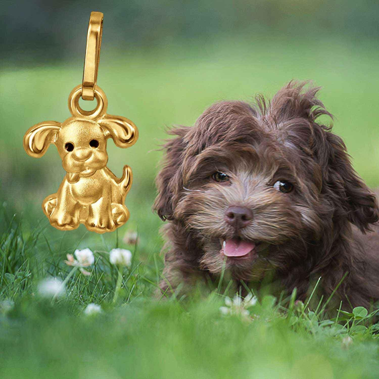 Goldener kleiner Anhänger Mini Hund 8 mm mit Augen schwarz lackiert 333 GOLD 8 KARAT