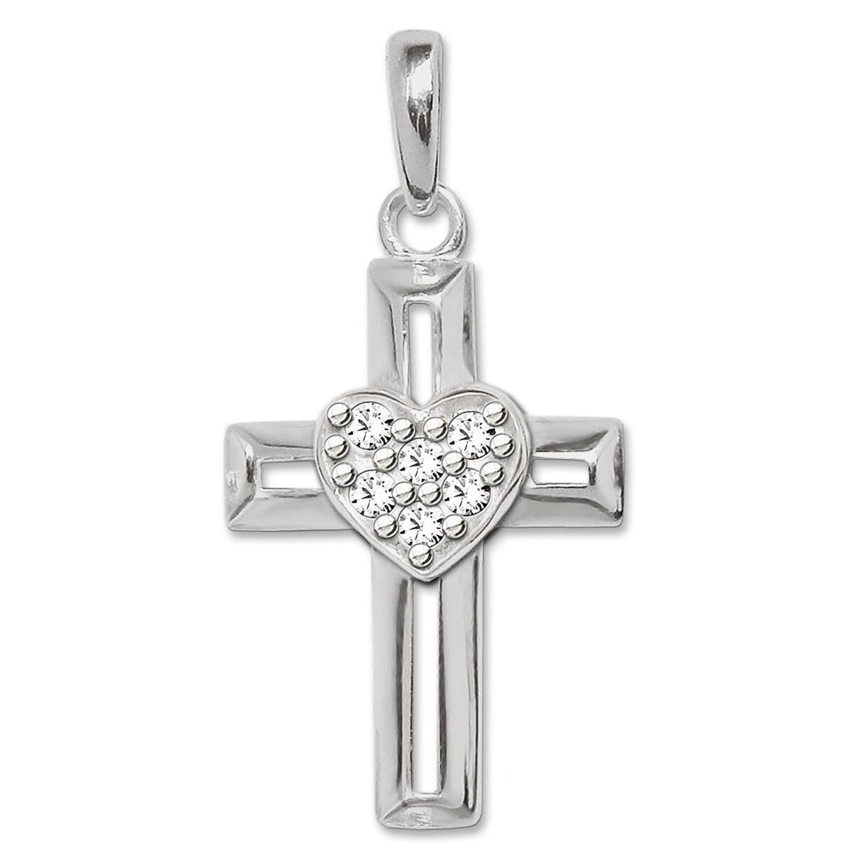 Silbernes Kreuz mit Herz mittig erhaben, viele weiße Zirkonias, Balken offene Form STERLING SILBER 925