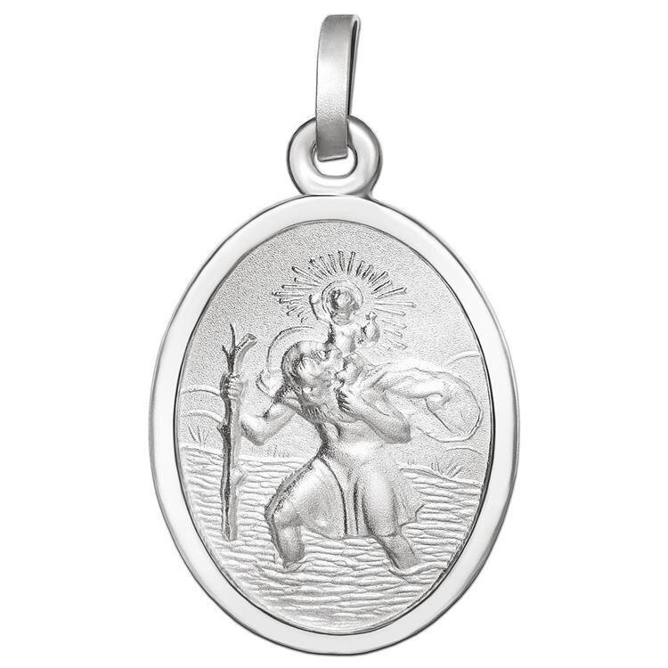 Heiliger Christopherus Anhänger ovale Form 18 mm matt mit glänzendem Rand Echt Silber 925