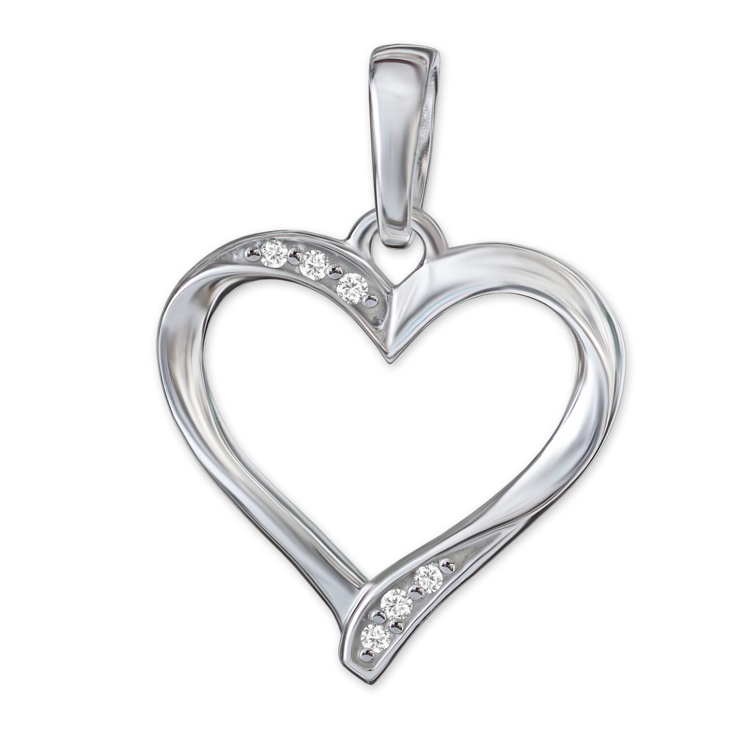 Silberner Damen Herz Anhänger 13 mm offen elegant schmal geschwungene Form mit 6 Zirkonia Sterling Silber 925
