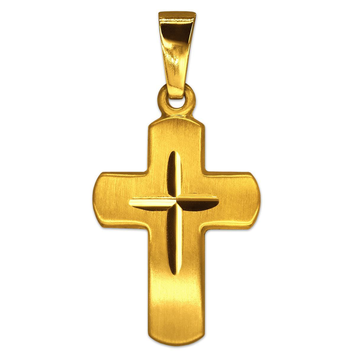 Goldener Anhänger kleines Kreuz 18 mm seidenmatt, breite Balken mit Innenkreuz diamantiert 333 GOLD 8 KARAT