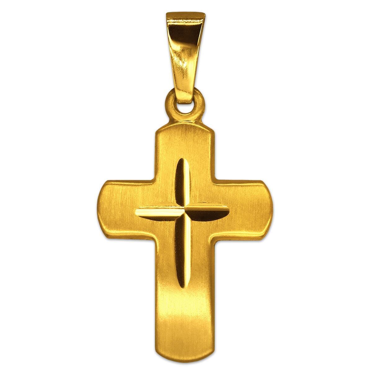 Goldener Anhänger Kreuz 18 mm seidenmatt breite Balken mit Innenkreuz diamantiert 333 Gold