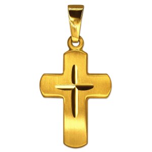 Goldener Anh&auml;nger kleines Kreuz 18 mm seidenmatt, breite Balken mit Innenkreuz diamantiert 333 GOLD 8 KARAT