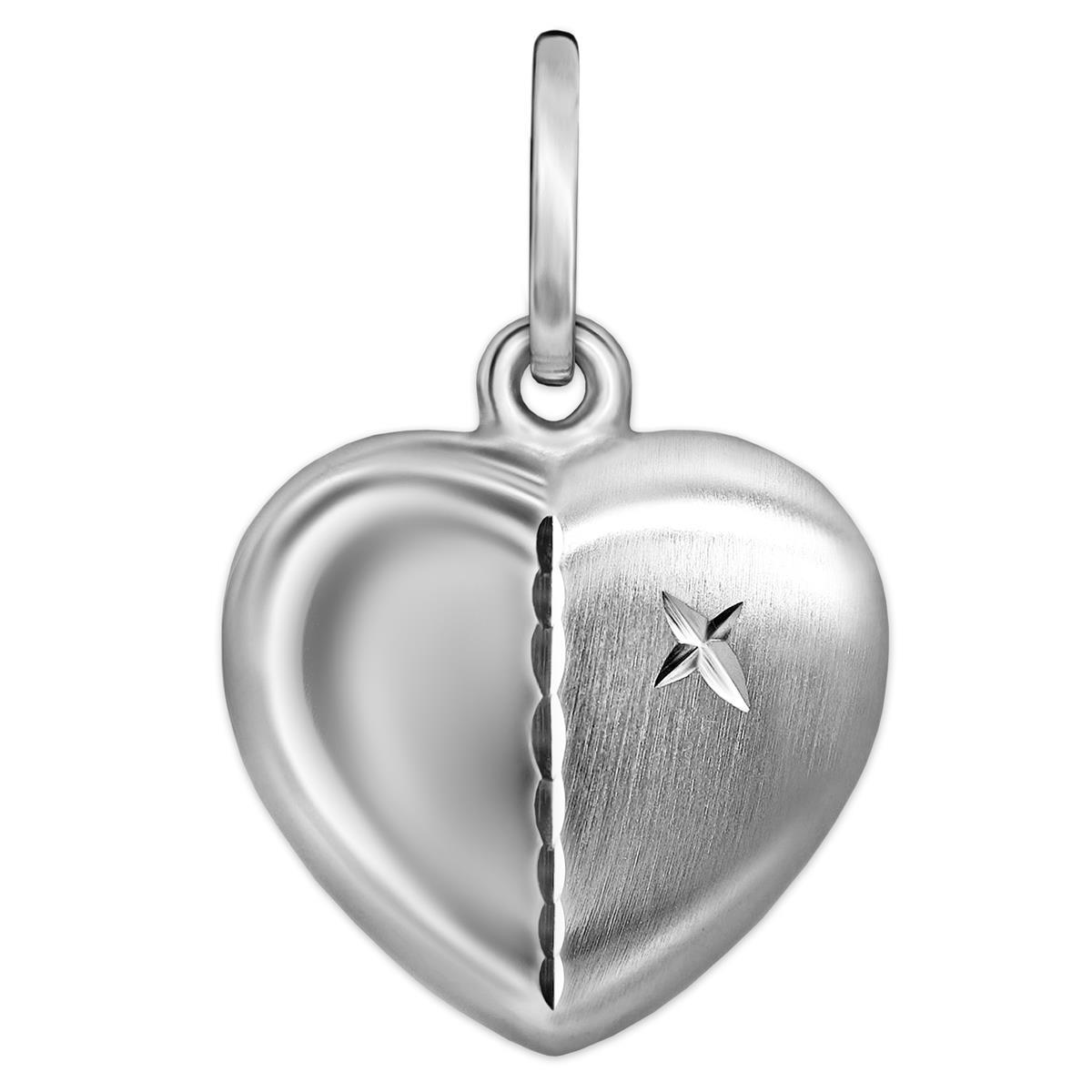 Silberner Herz 12 mm gewölbt teilmattiert mit Stern & Zierlinie im Diamantschliff STERLING SILBER 925 rhodiniert