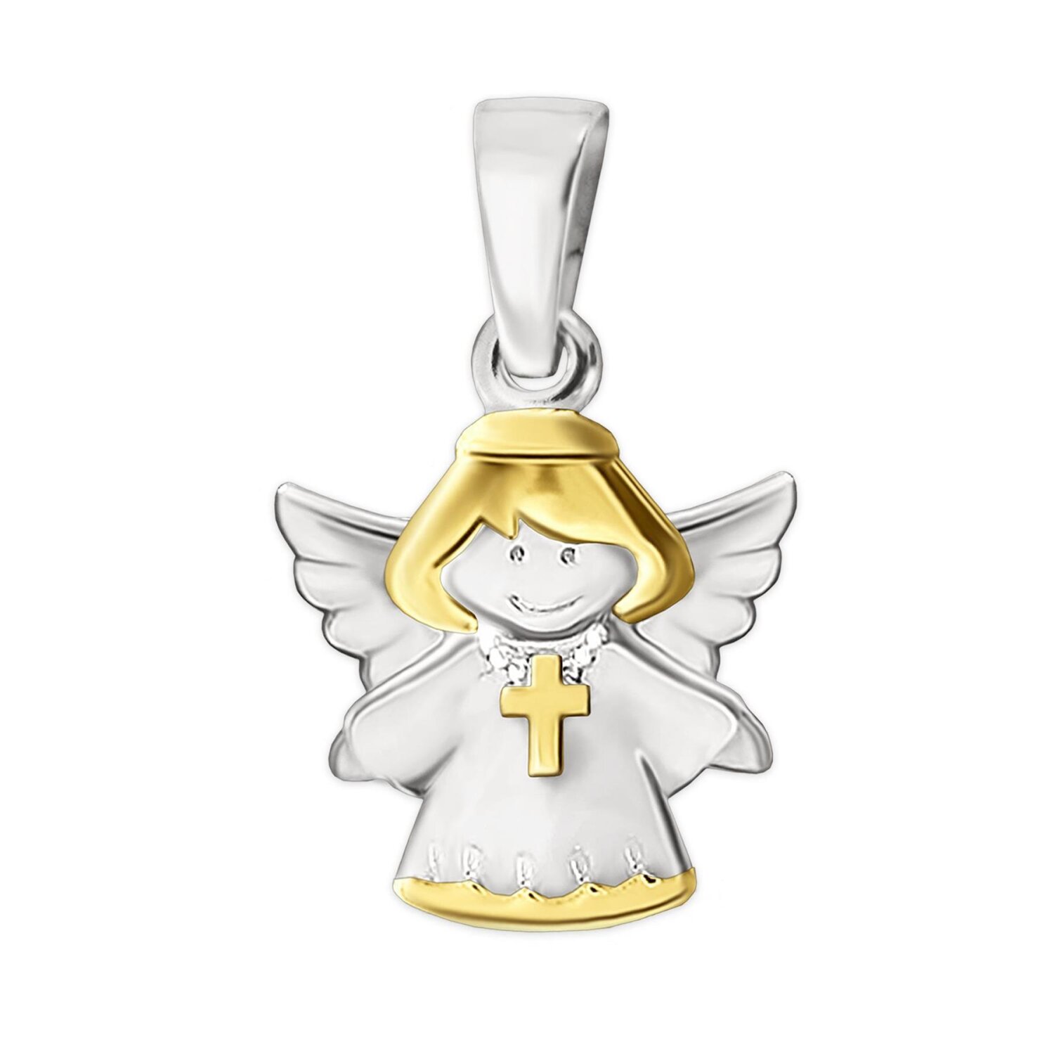 Anh&auml;nger Engel bicolor mit Kreuz auf Engelskleid vergoldet Echt Silber 925