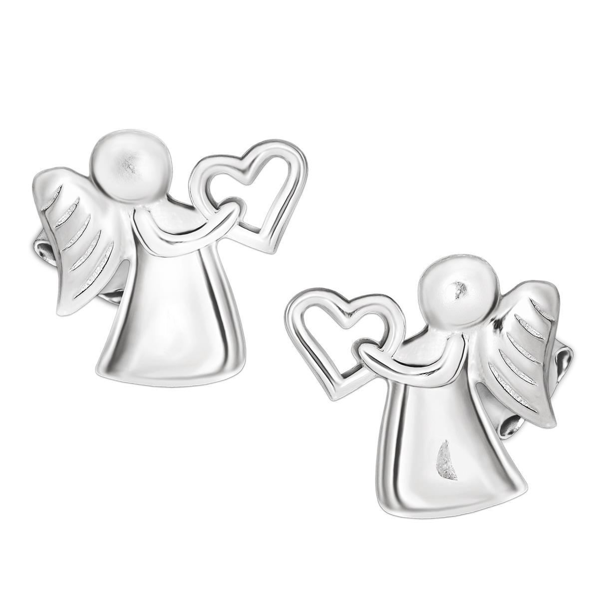 Ohrringe als Stecker Engel 10 mm mit kleinem Herz in der Hand glänzend Echt Silber 925
