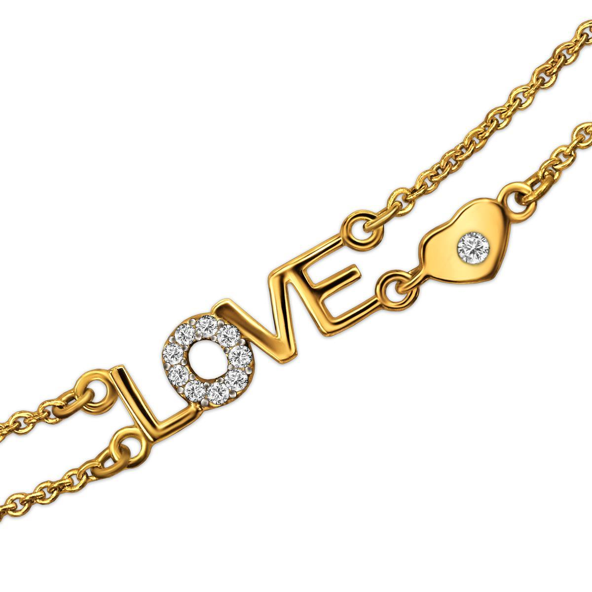 Goldenes Damen Armband 19 cm elegant mit LOVE - Schriftzug 13 x 4 mm und kleinem Mini Herz 3 x 4 mm verziert mit vielen Zirkonias 333 GOLD 8 KARAT
