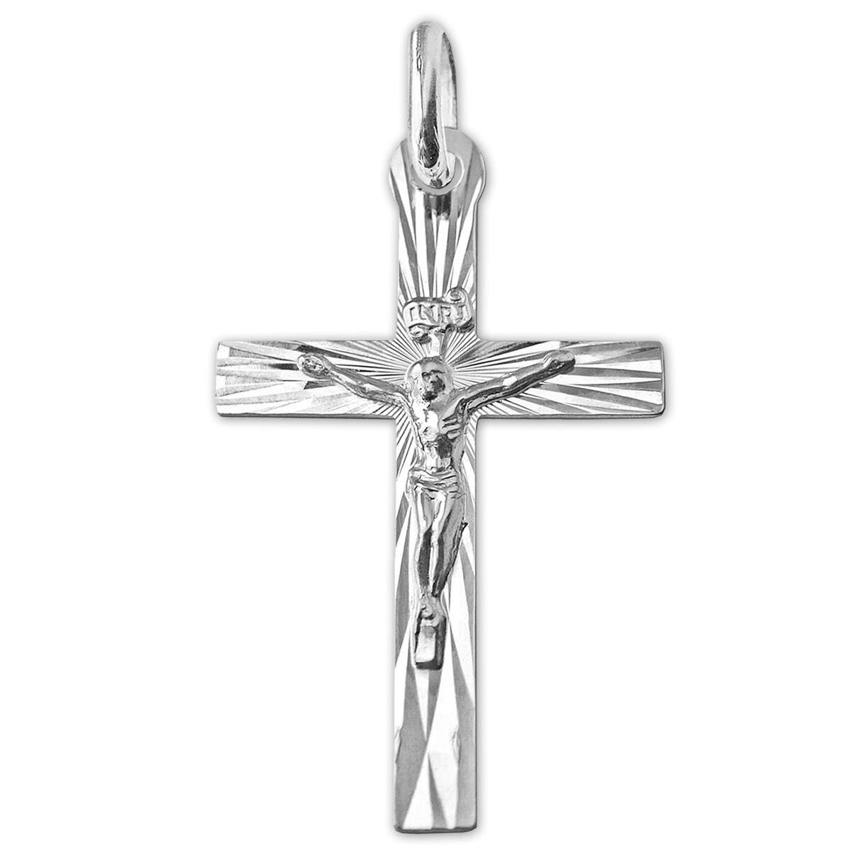 Jesuskreuz 33 mm flache Form Jesus strahlenf&ouml;rmig diamantiert Echt Silber 925
