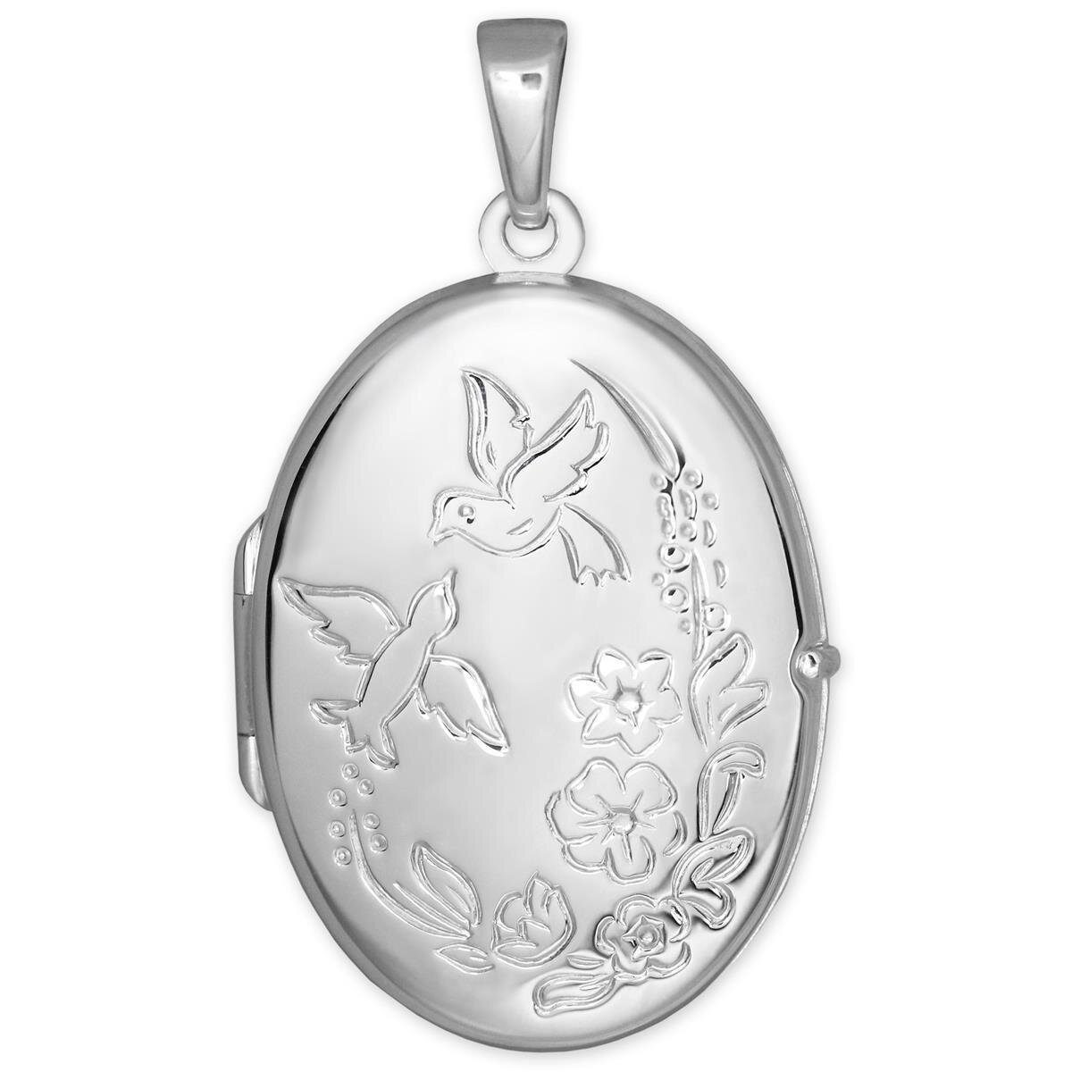 Silbernes Medaillon oval 22 mm Taube und Blume verziert Echt Silber 925