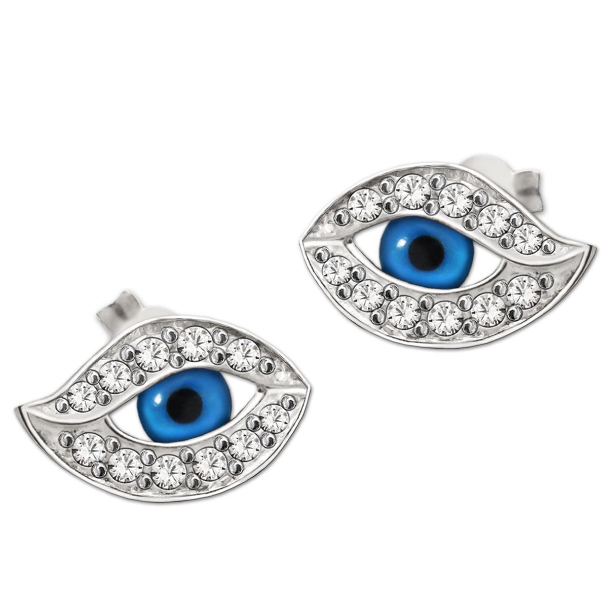 Silberne Ohrstecker Mini Auge 10 x 6 mm blau mit Zirkonias weiß glänzend STERLING SILBER 925