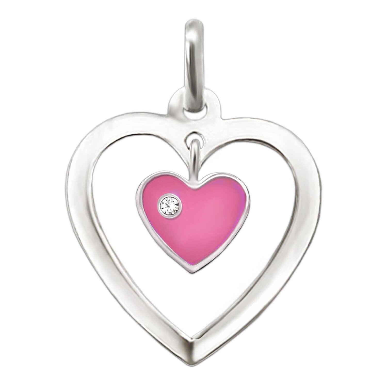 Herz Anhänger 17 mm offen mit Miniherz rosa und Stein weiß Echt Silber 925