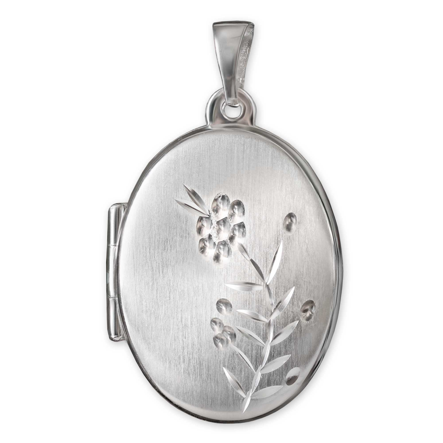 Silberner Anhänger Medaillon oval 21 mm seidenmatt mit verzierter Blumenranke diamantiert glänzend für 2 Bilder STERLING SILBER 925