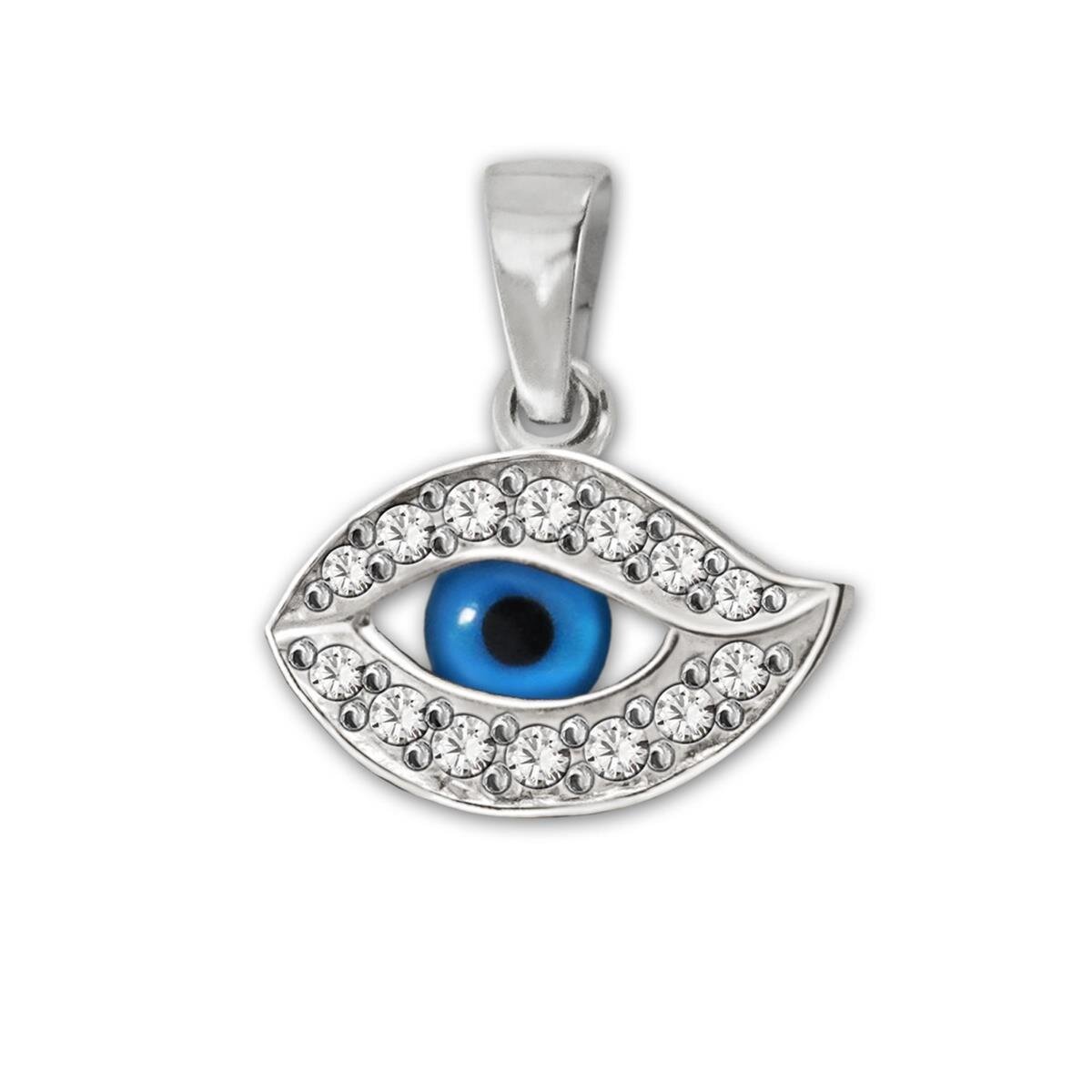 Anh&auml;nger Mini Nazar Auge Evil Eye 8x14 mm Kristall blau und viele Zirkonias wei&szlig; Echt Silber 925