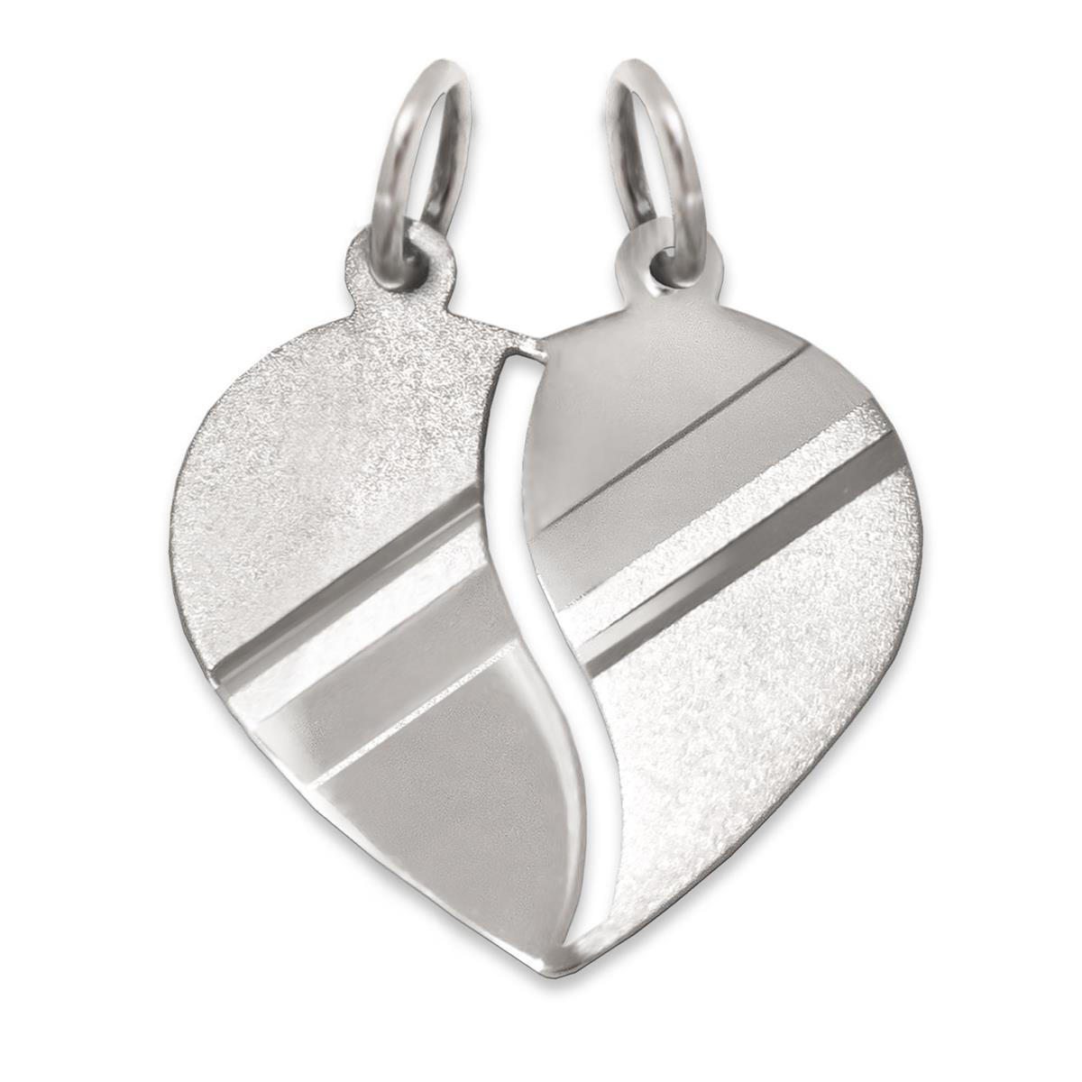 Silberner Anhänger Herz 16 mm teilbar matt und glänzend diamantiert mit schrägen Linien STERLING SILBER 925