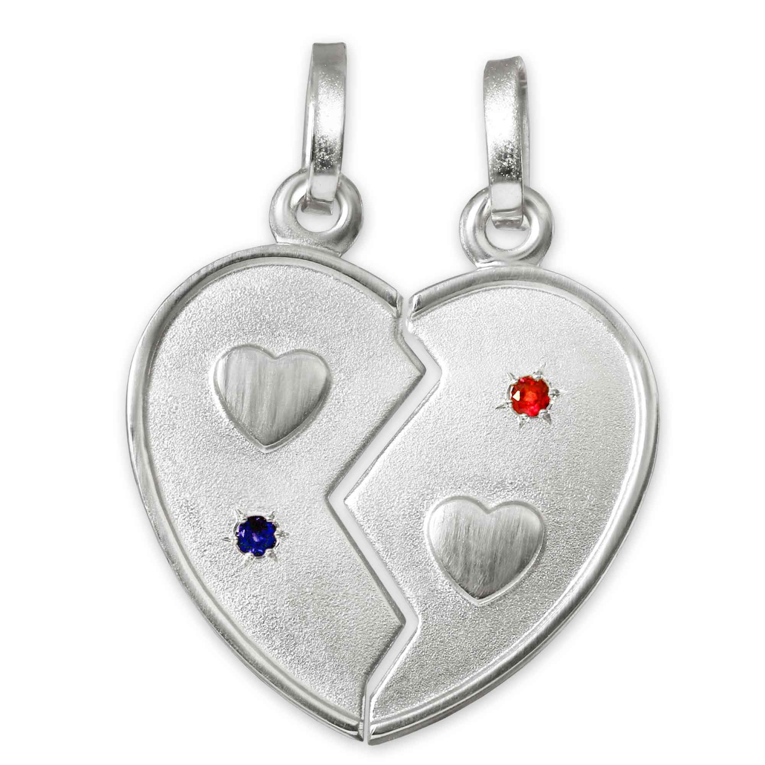 2 Silberne Partneranhänger als geteiltes Herz mit Steinen safirblau und rubinrot STERLING SILBER 925
