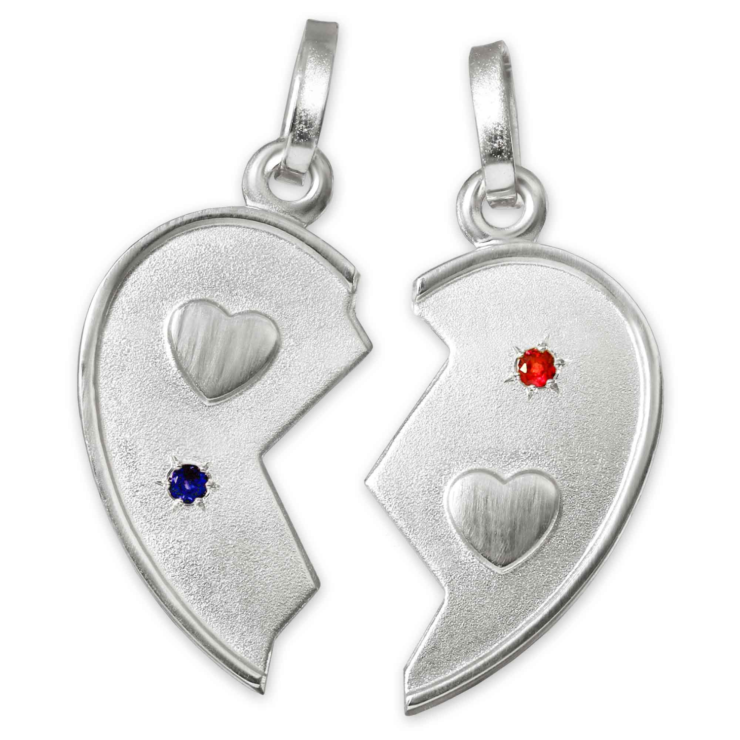 2 Silberne Partneranhänger als geteiltes Herz mit Steinen safirblau und rubinrot STERLING SILBER 925