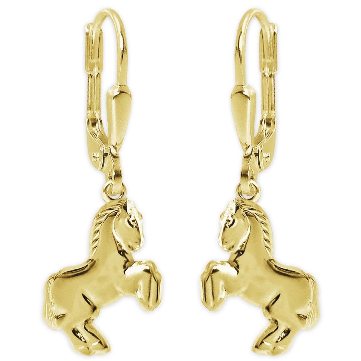 Goldene Ohrringe 27 mm mit Pferd 12 mm gl&auml;nzend Pferdmotiv 333 Gold
