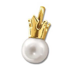 Goldener Perlenanhänger 14 mm  Krone auf weißer Süßwasserperle Ø 6 mm glänzend 333 Gold