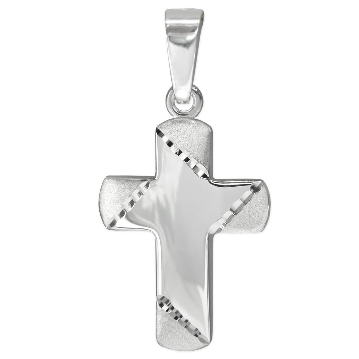Silbernes Kinder Kreuz 15 x 12 mm glänzend, leicht gewölbte Form, breite Kreuzbalken, Kreuzenden schräg matt diamantiert Sterling Silber 925