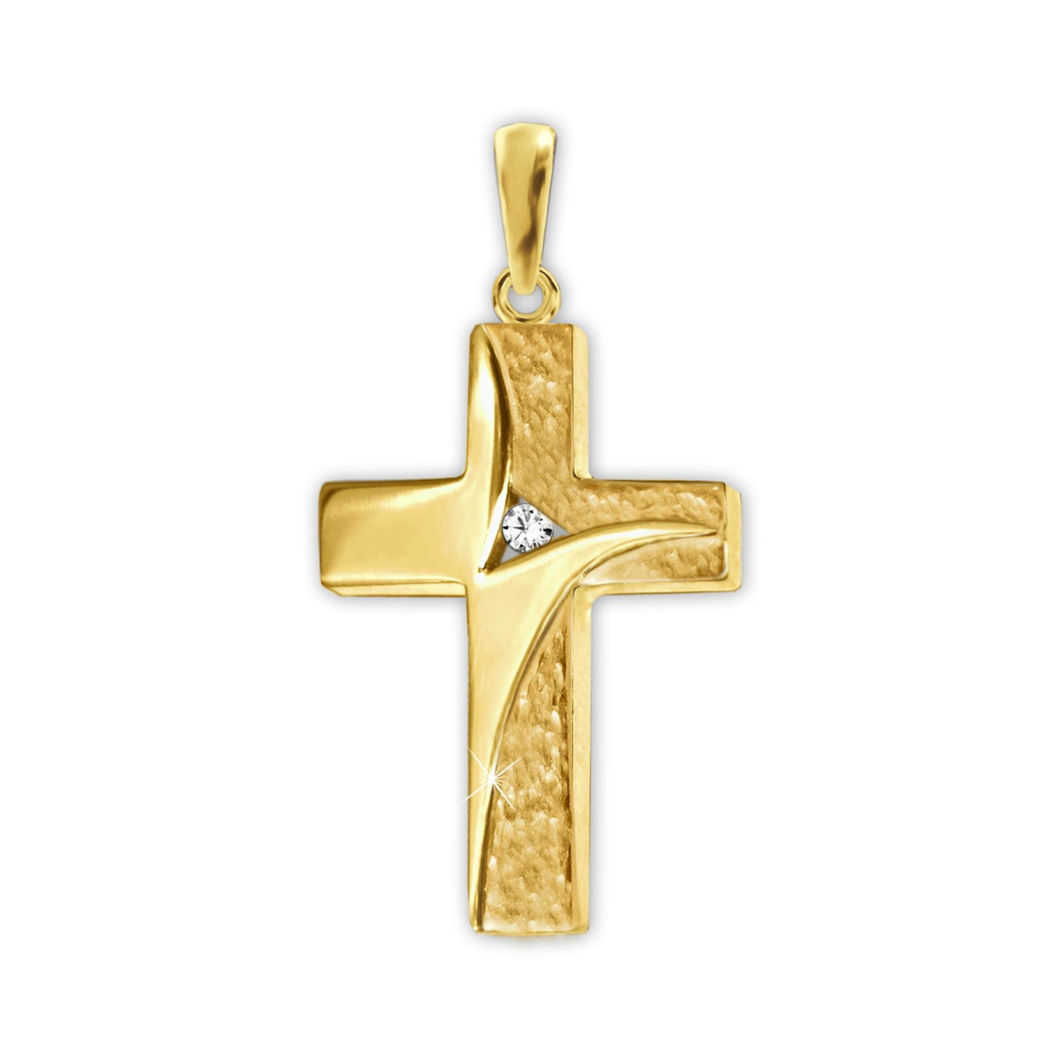 Goldener Anhänger elegantes Kreuz 17 mm, geschwungene Oberflächen mit 1 Zirkonia mittig 333 GOLD 8 KARAT