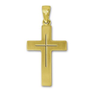 Goldener Anhänger Kreuz 22 mm seidenmatt mit feinem Innenkreuz glänzend diamantiert 333 Gold