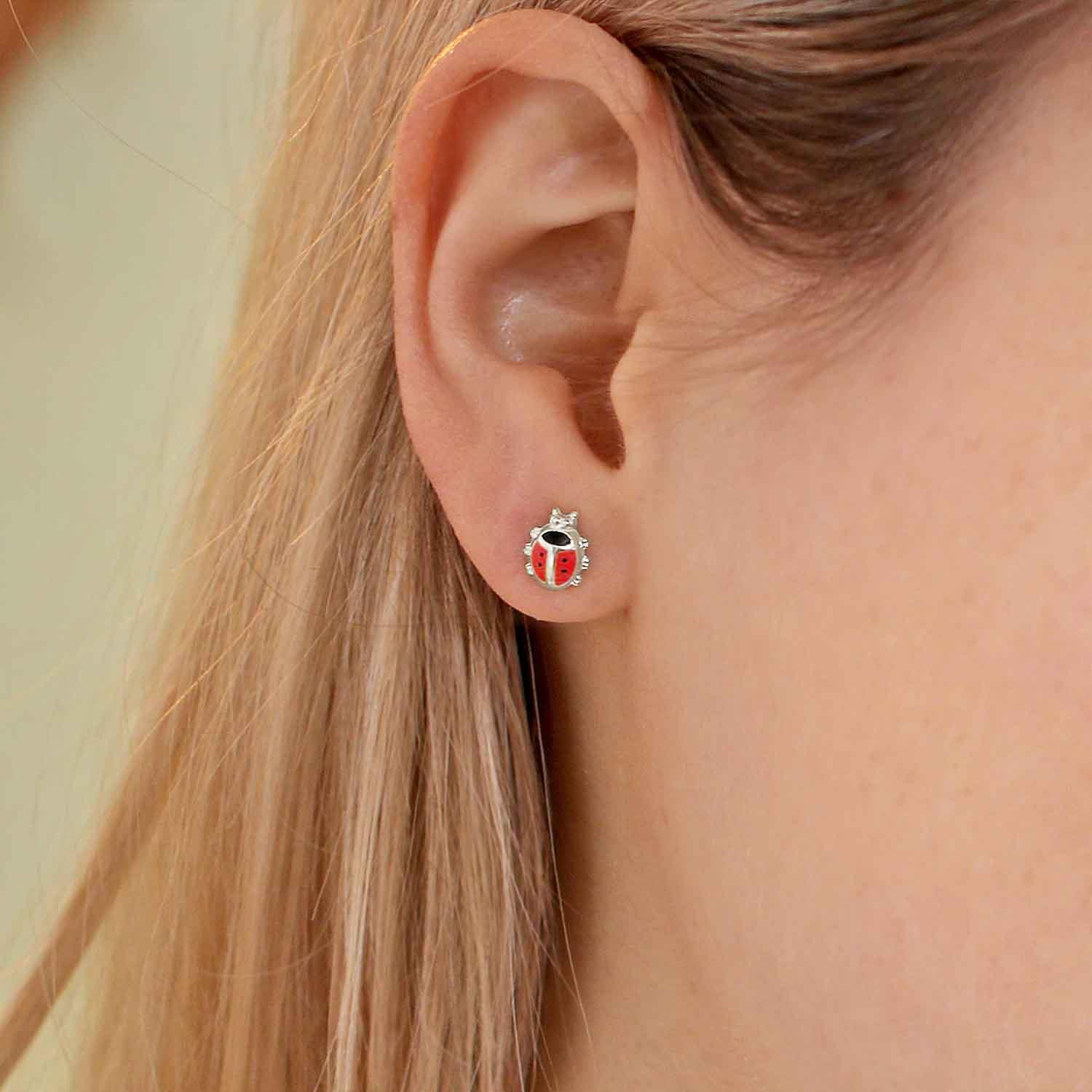 Marienkäfer Ohrringe als Stecker Käfer mit Füßchen 6 mm rot schwarz glänzend lackiert Echt Silber 925