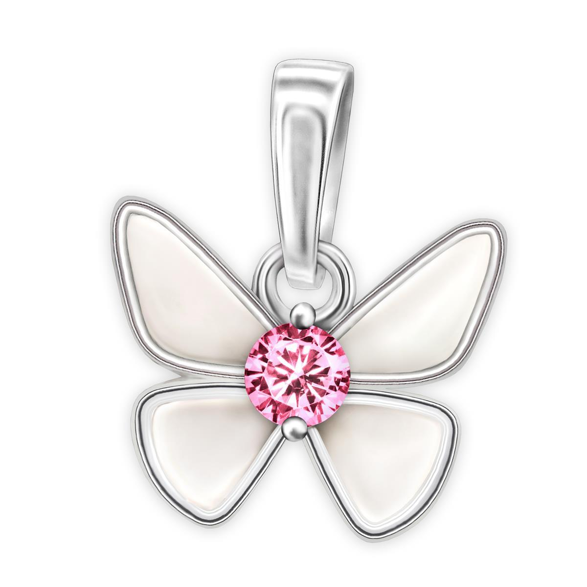 Silberner Anhänger Schmetterling weiß lackierte Flügel mit rosa Zirkonia glänzend Sterling Silber 925