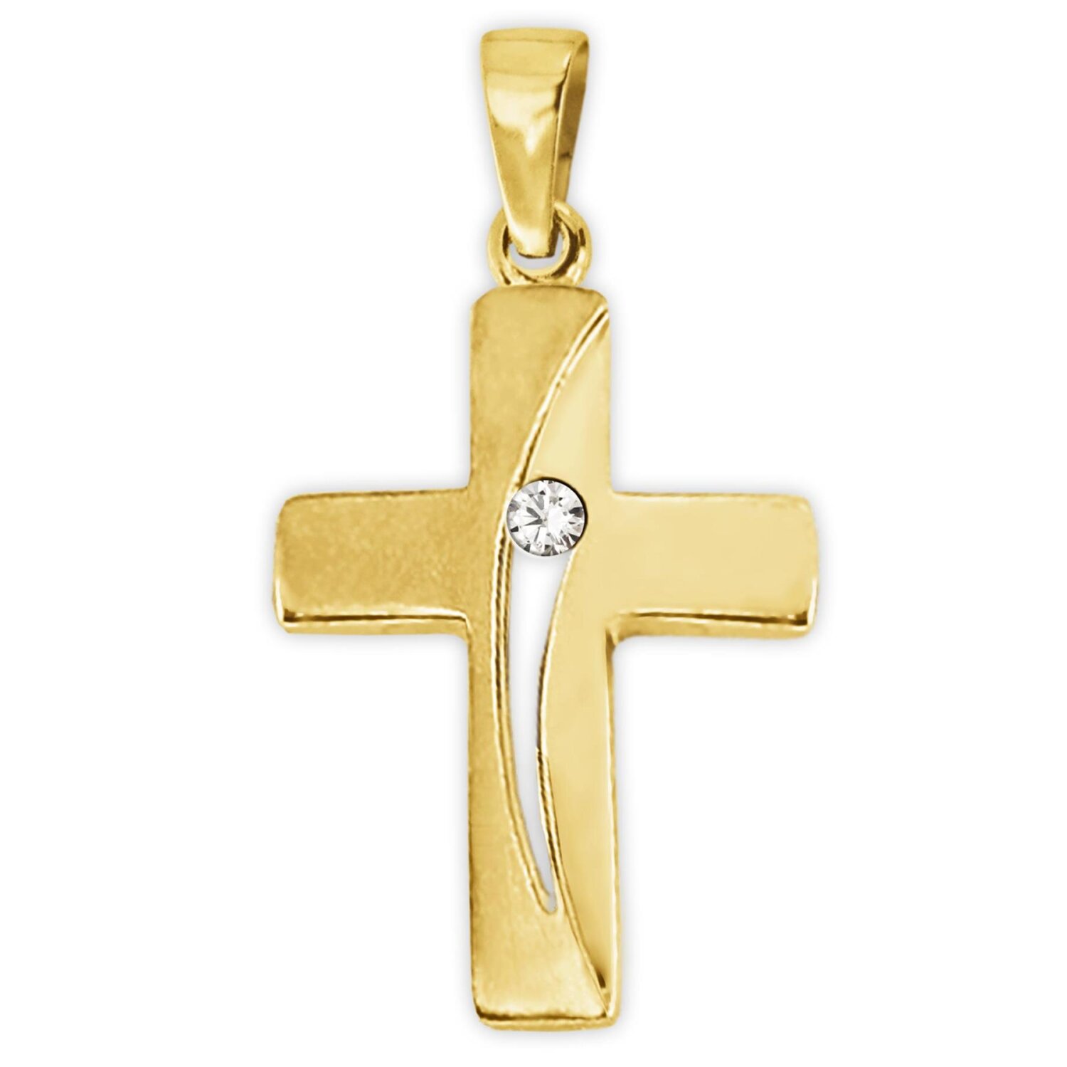 Goldenes  Kreuz 16 mm Bogen offen mit Zirkonia mittig teilmatt 333 Gold
