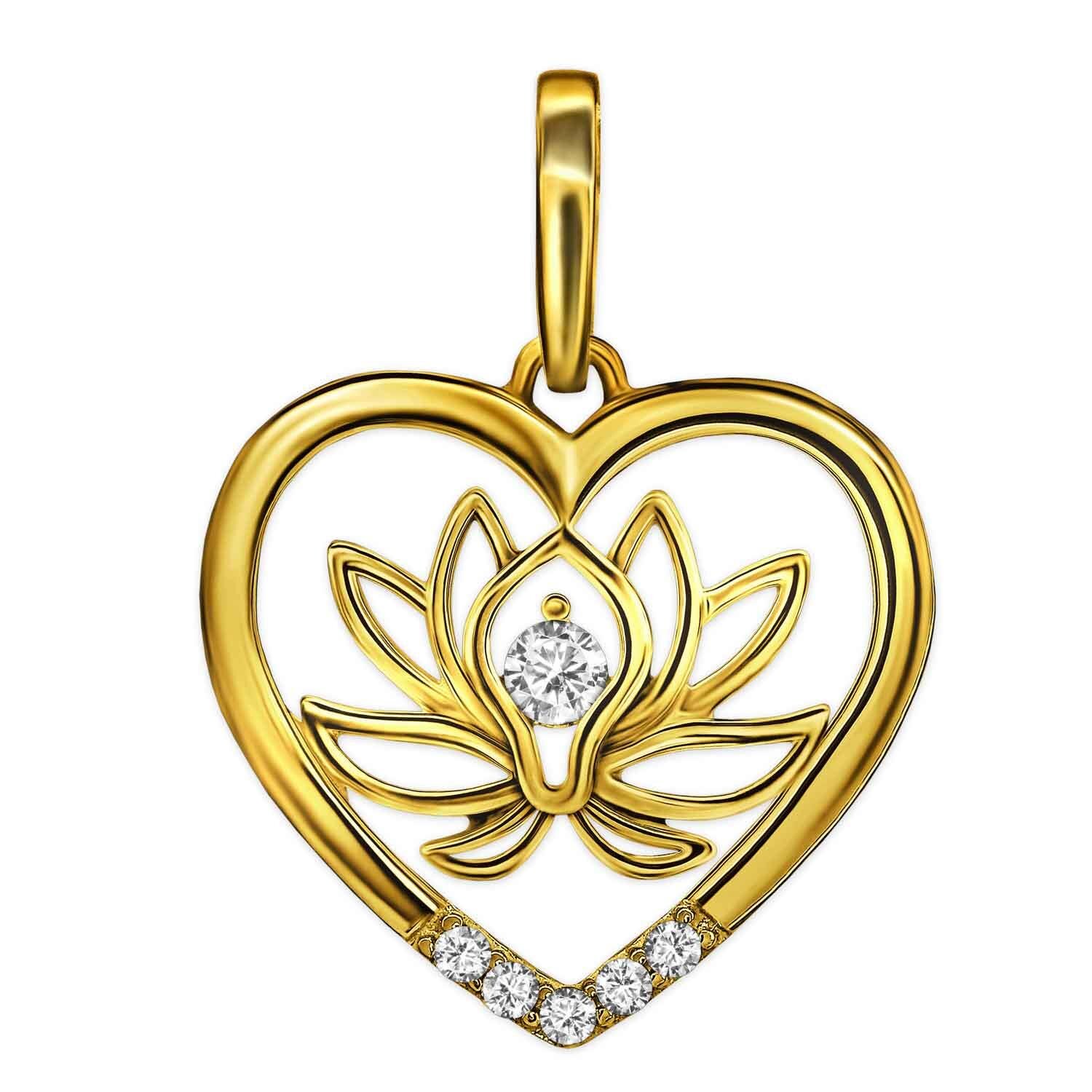 Goldene Lotusblume im Herz teils offen mit vielen Zirkonia 333 Gold