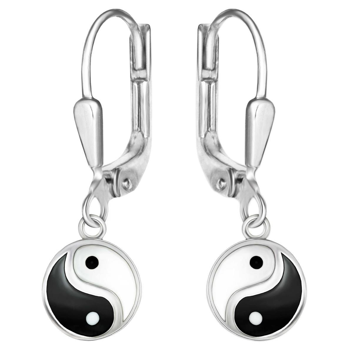Yin Yang Ohrringe als Hänger 25mm schwarz weiß lackiert rund Ø 9mm Echt Silber 925