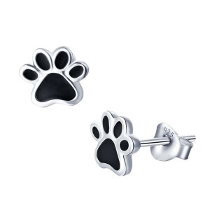 Silberne Ohrstecker Hundepfote 7 mm schwarz lackiert Echt Silber 925