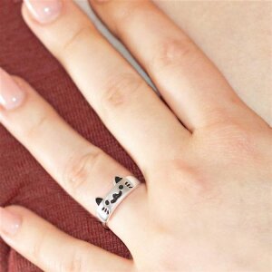 Katze Ring mit Katzengesicht lustig schwarz lackiert Echt Silber 925 Universalgröße