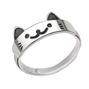 Kinder Ring Katze lustiges Katzengesicht schwarz lackiert gl&auml;nzend Echt Silber 925