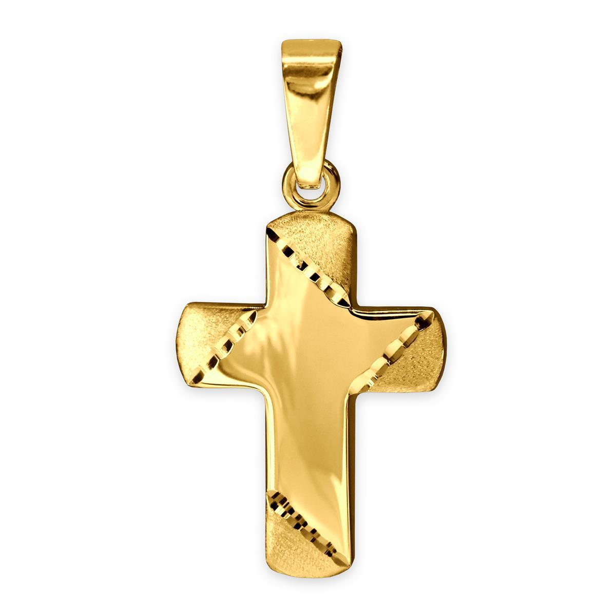 Goldener Anhänger Mini Kreuz 11 x 8 mm Balkenenden matt diamantiert, innen glänzend 333 GOLD 8 KARAT