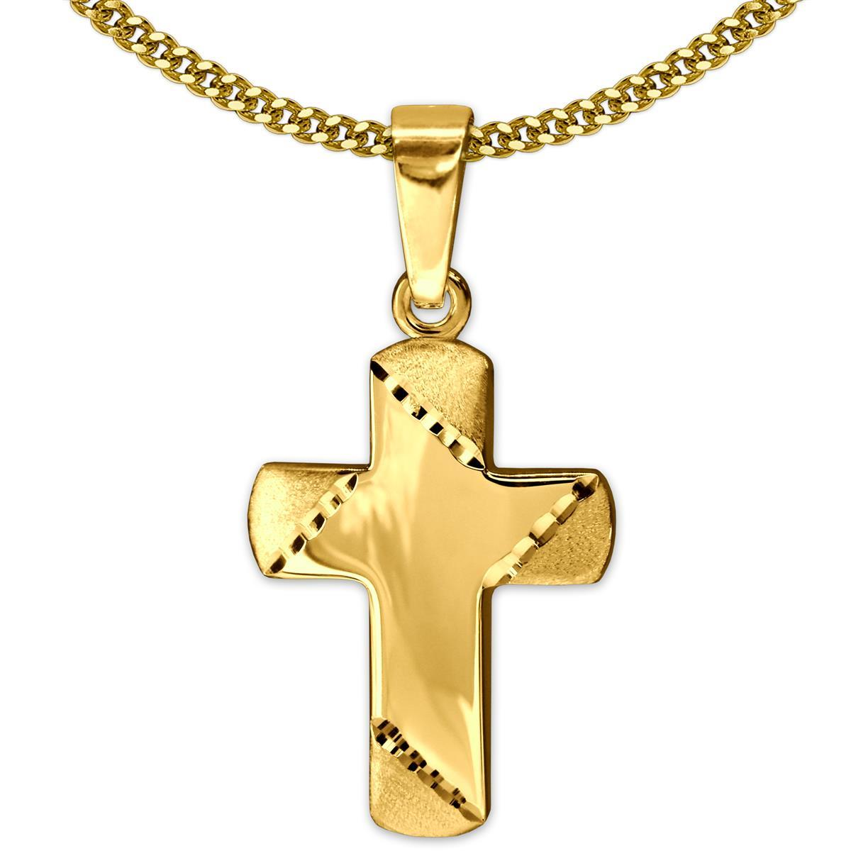 Goldener Anhänger Mini Kreuz 11 x 8 mm Balkenenden matt diamantiert, innen glänzend 333 GOLD 8 KARAT