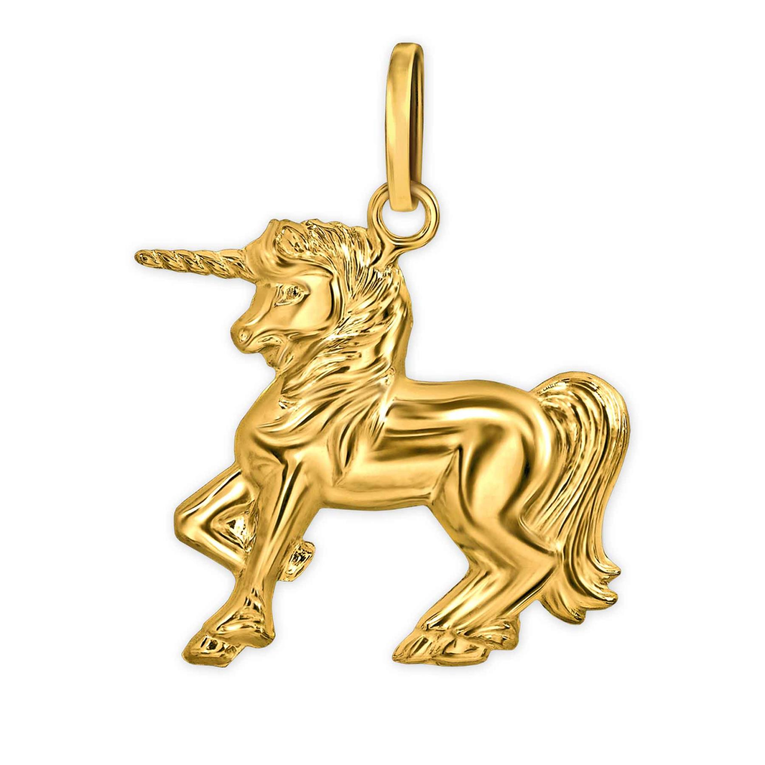 Goldener Anhänger Einhorn beidseitig plastische 3D Form glänzend 333 Gold 8 Karat
