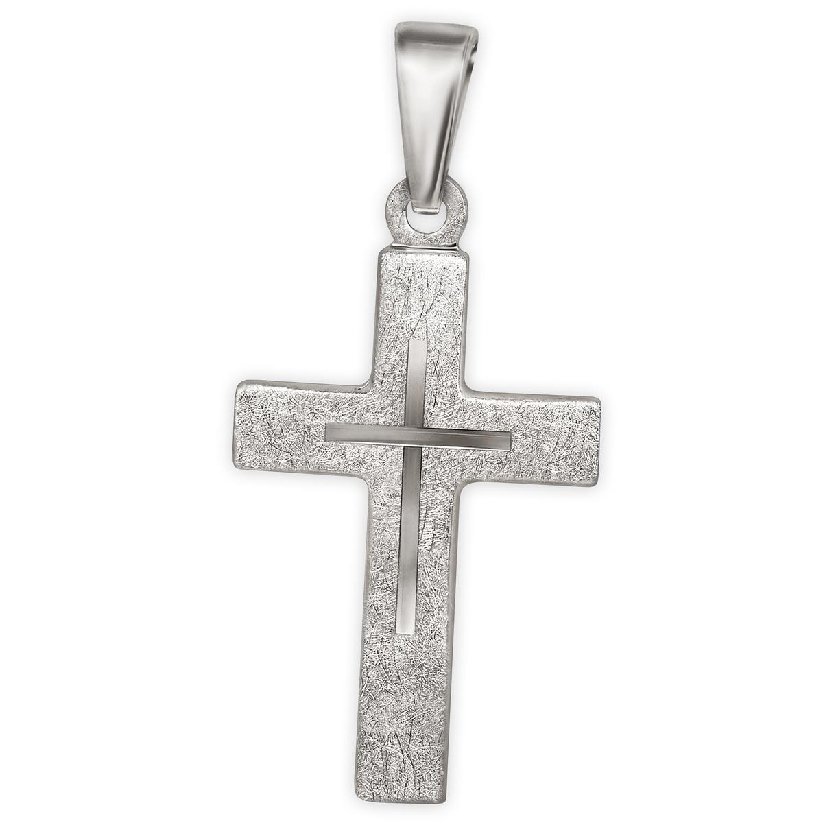 Kreuz 18 mm eismatt stilisierte Oberfläche mit Innenkreuz diamantiert, Schlaufe glänzend 925 Sterling Silber