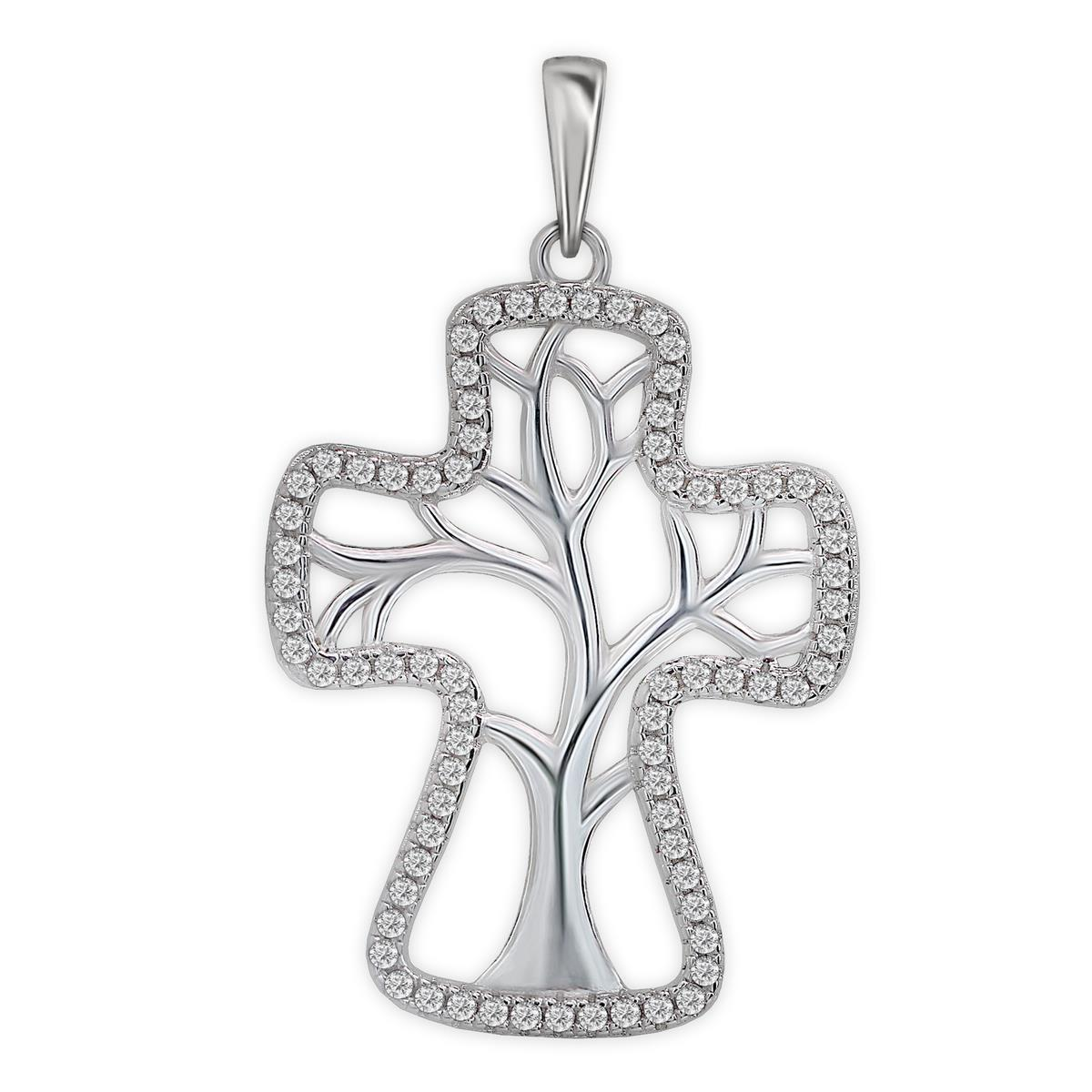 Silberner Anhänger Lebensbaum offen im Kreuz umrandet von Zirkonia, rhodiniert glänzend Sterling Silber 925