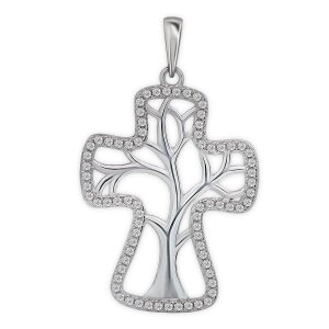 Silberner Anhänger Lebensbaum im Kreuz Zirkonia rhodiniert Echt Silber 925