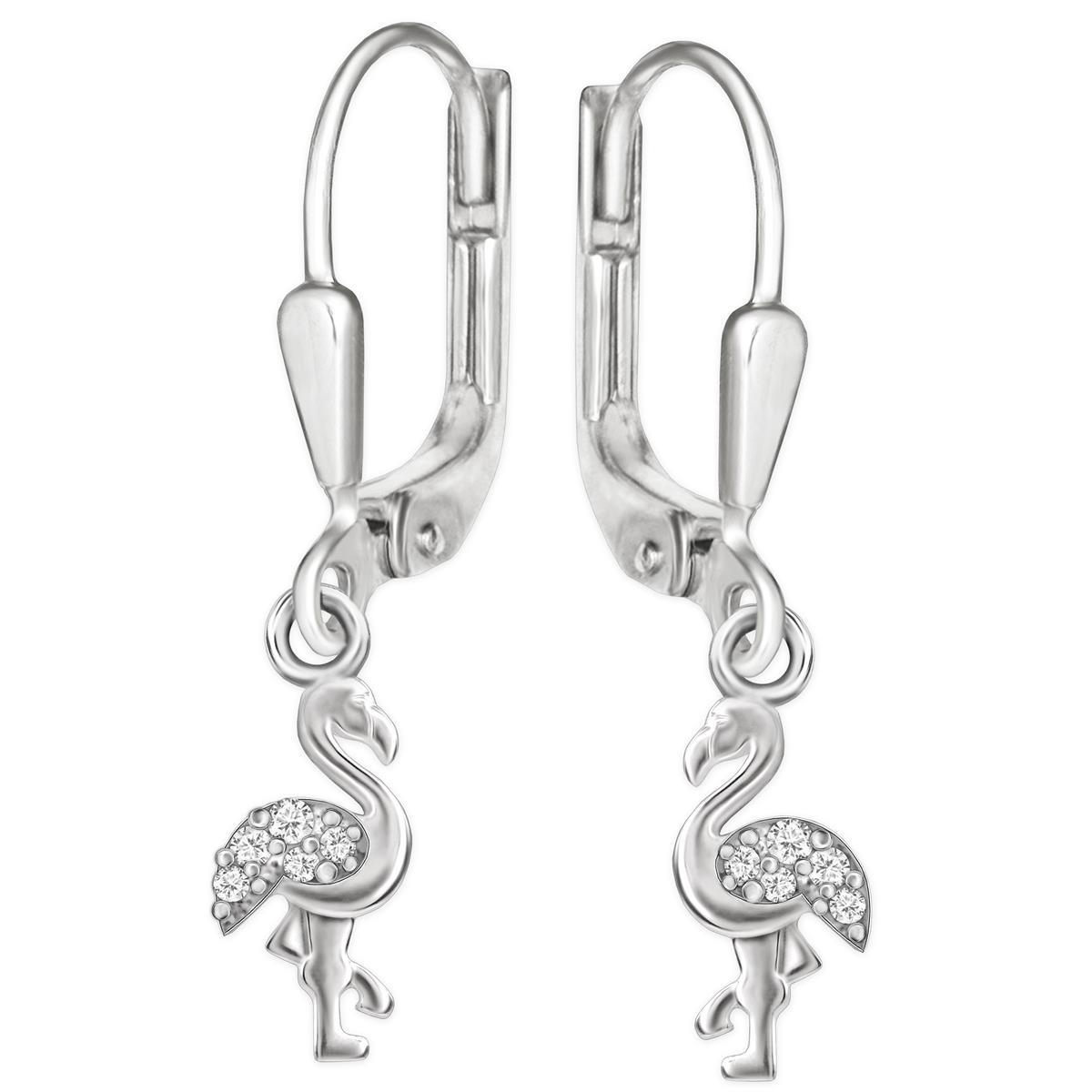 Silberne Ohrhänger Flamingo mit Zirkonias auf Flügel glänzend Sterling Silber 925