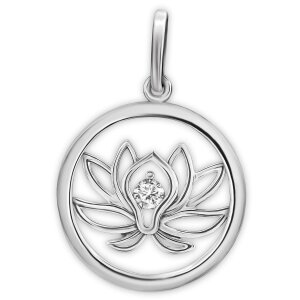 Silberner Anhänger Lotusblüte 17 mm Ø im Silberring Zirkonia mittig glänzend Echt Silber 925