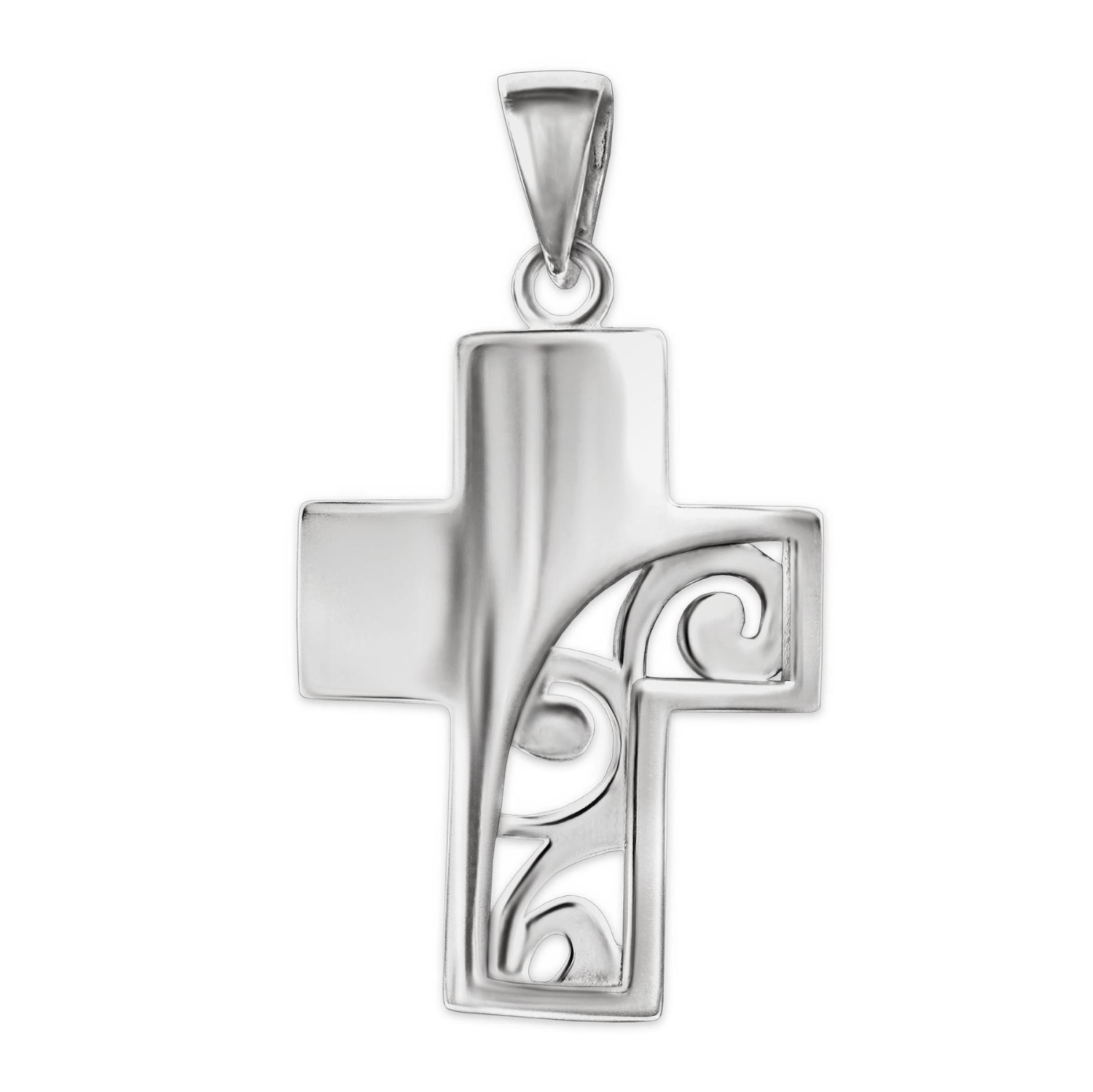 Silberner Damen Anhänger breites Kreuz 19 mm gewölbt glänzend  rechts teils offen elegant verschnörkelt STERLING SILBER 925