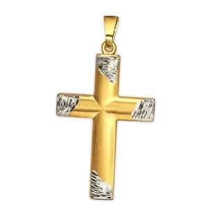 Goldenes Kreuz 24 mm bicolor seidenmatt gewölbt diamantiert 333 Gold