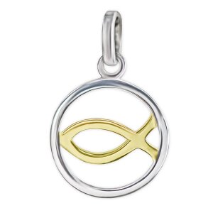 Ichthys Anh&auml;nger Fischsymbol im Ring 11 mm vergoldet Echt Silber 925