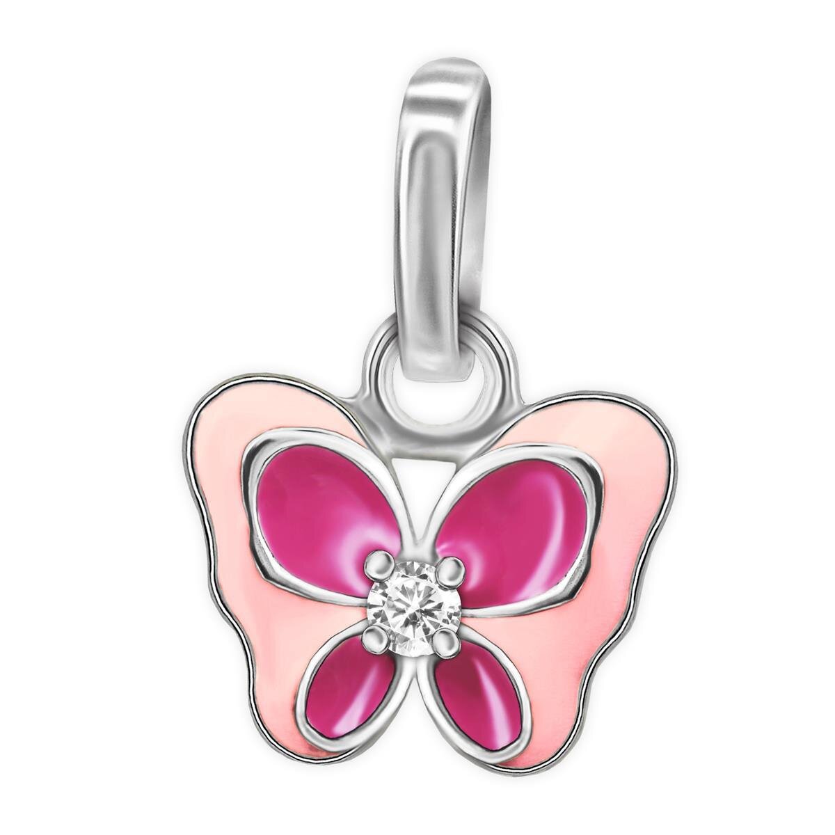 Silberner Anh&auml;nger Schmetterling Fl&uuml;gel rosa pink lackiert mit einem Zirkonia mittig STERLING SILBER 925