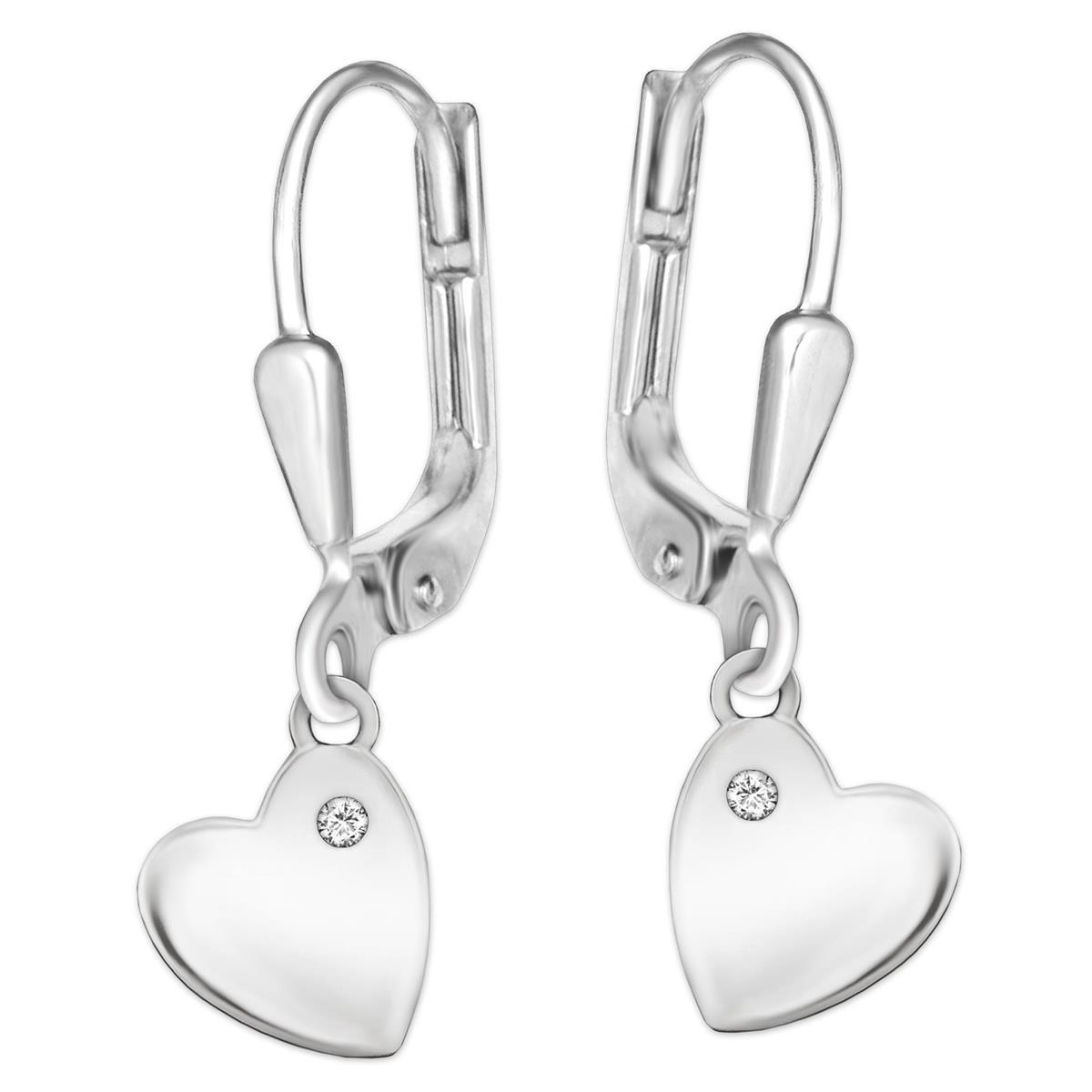 Silberne Herz Ohrhänger 25 mm mit Silberherz 9 mm seitlich hängend & Zirkonia weiß glänzend STERLING SILBER 925