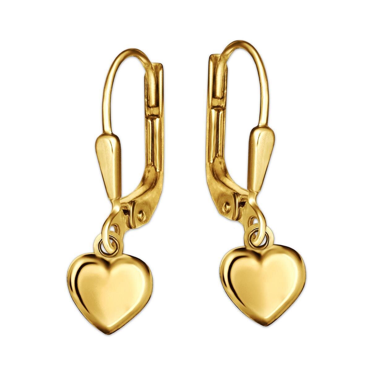 Goldene Damen Ohrringe 23 mm mit Herz 8 x 8 mm schlicht gewölbt und glänzend 925 Sterling Silber goldplattiert