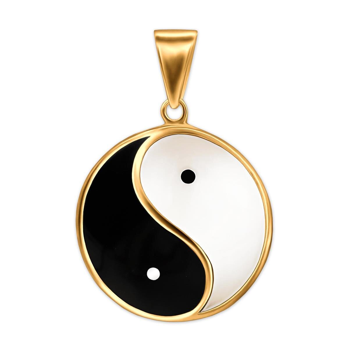 Goldener Yin Yang Anh&auml;nger  &Oslash; ca. 23 mm schwarz und wei&szlig; lackiert gl&auml;nzend Echt Silber 925