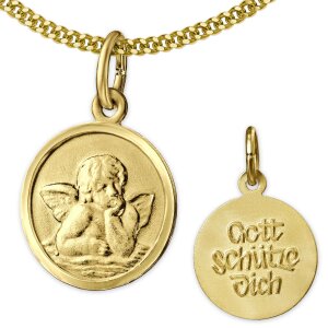 Goldener Engel rund &Oslash; 12 mm R&uuml;ckseite Gott Sch&uuml;tze Dich Echt Silber 925 vergoldet